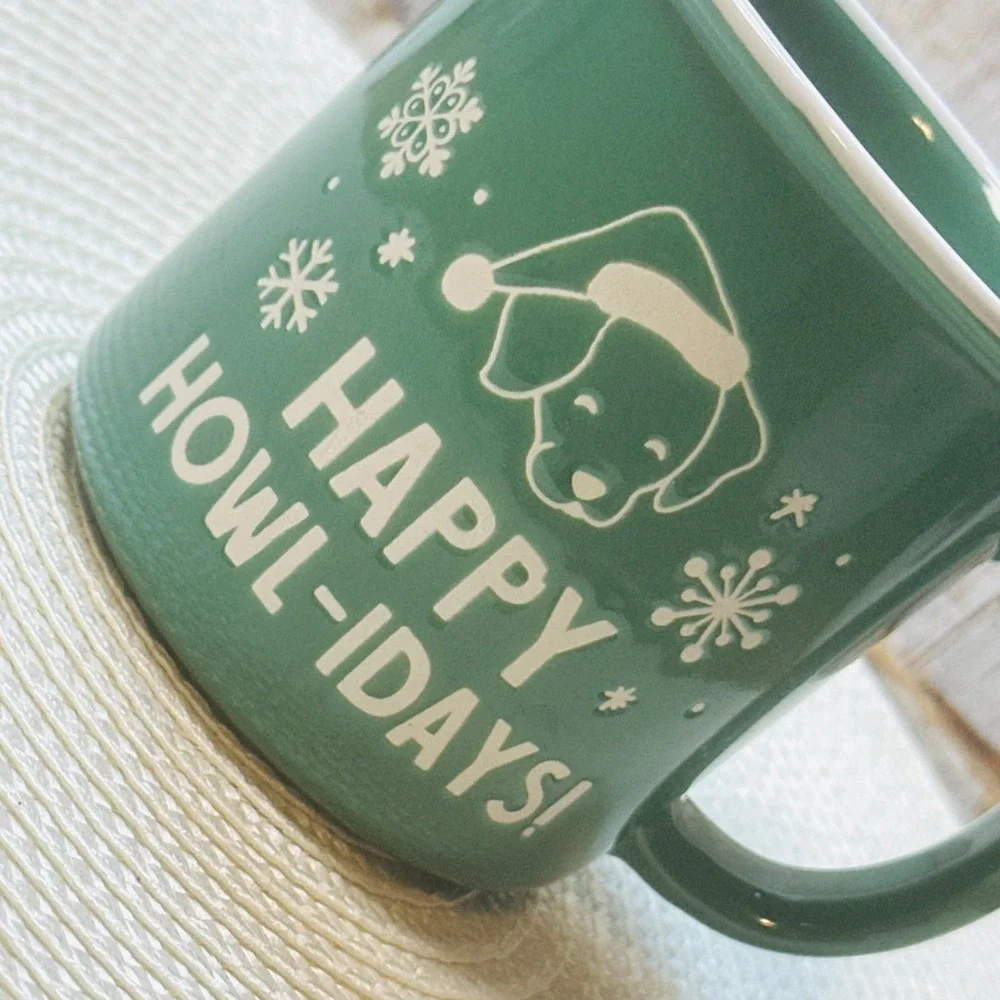 Happy Howl-idays Christmas Puppy Dog Coffee Mug Cup Holiday Santa Snowflake‎